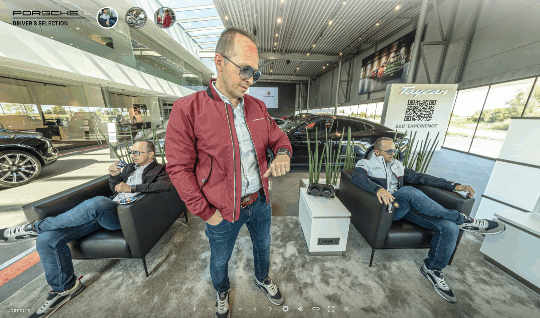 A man appears three times in a Porsche showroom: seated with coffee, standing checking his watch, and seated with a Porsche key fob. A Taycan display and Porsche vehicles are visible in the modern, glass-walled showroom.