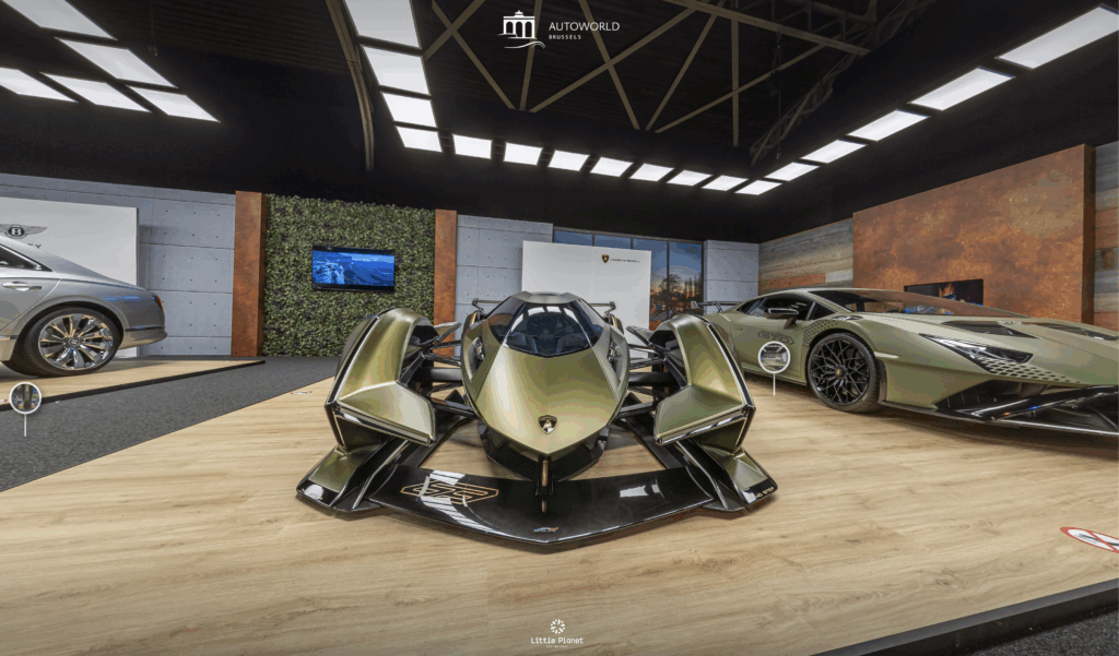 Futuristic Lamborghini concept car and a Huracán STO in matte green on display at Autoworld Brussels, with a Bentley partly visible to the left.